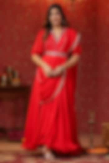 Red Natural Crepe Embroidered Draped Dress With Belt by SAMAAYA JAIPUR