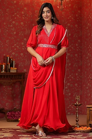 Red Natural Crepe Embroidered Draped Dress With Belt by SAMAAYA JAIPUR