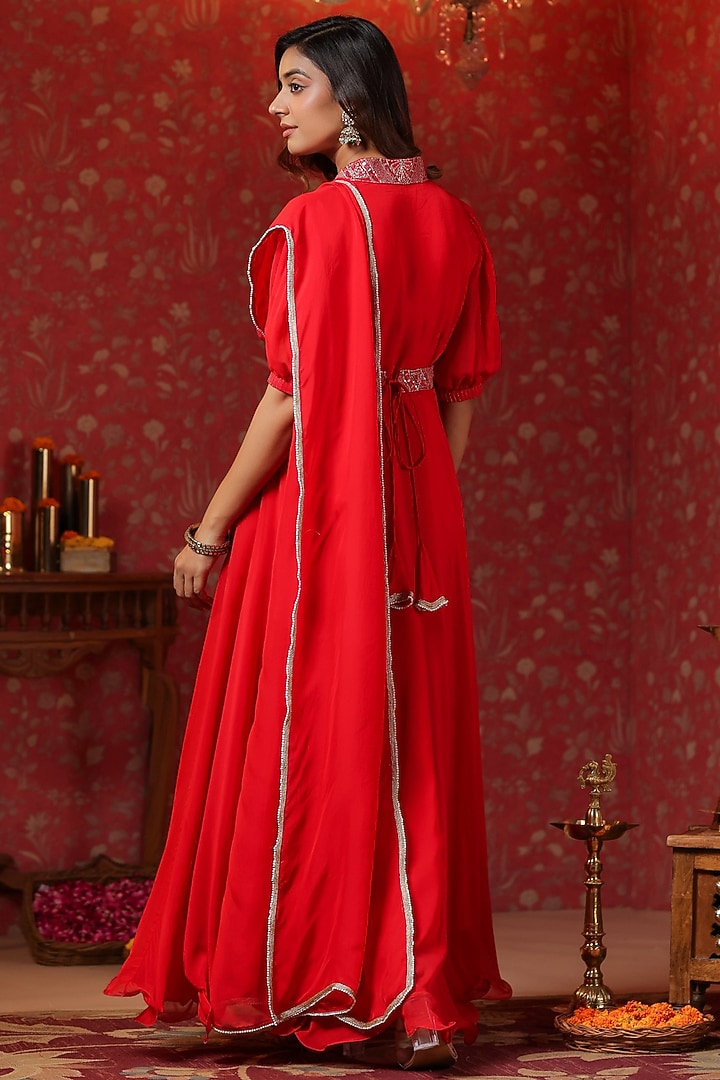 Red Natural Crepe Embroidered Draped Summer Dress With Belt by SAMAAYA JAIPUR at Pernia's Pop Up Shop