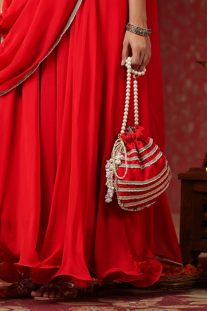 Red Natural Crepe Embroidered Draped Summer Dress With Belt by SAMAAYA JAIPUR at Pernia's Pop Up Shop