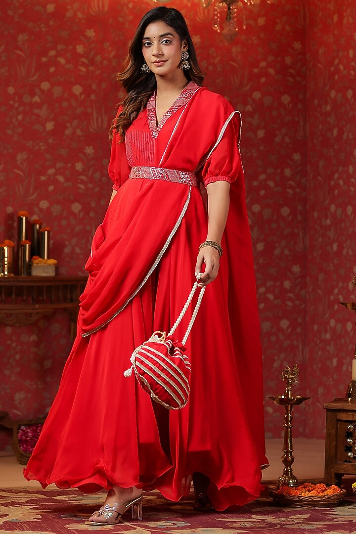 Red Natural Crepe Embroidered Draped Summer Dress With Belt by SAMAAYA JAIPUR at Pernia's Pop Up Shop