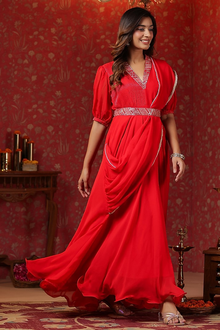 Red Natural Crepe Embroidered Draped Summer Dress With Belt by SAMAAYA JAIPUR at Pernia's Pop Up Shop