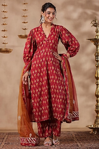 Maroon Cotton Hand Printed Straight Kurta Set by SAMAAYA JAIPUR