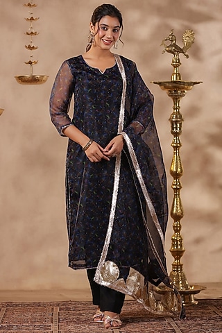 Black Organza Digital Printed Straight Kurta Set by SAMAAYA JAIPUR