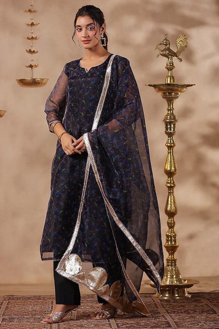 Black Organza Digital Printed Straight Kurta Set by SAMAAYA JAIPUR at Pernia's Pop Up Shop