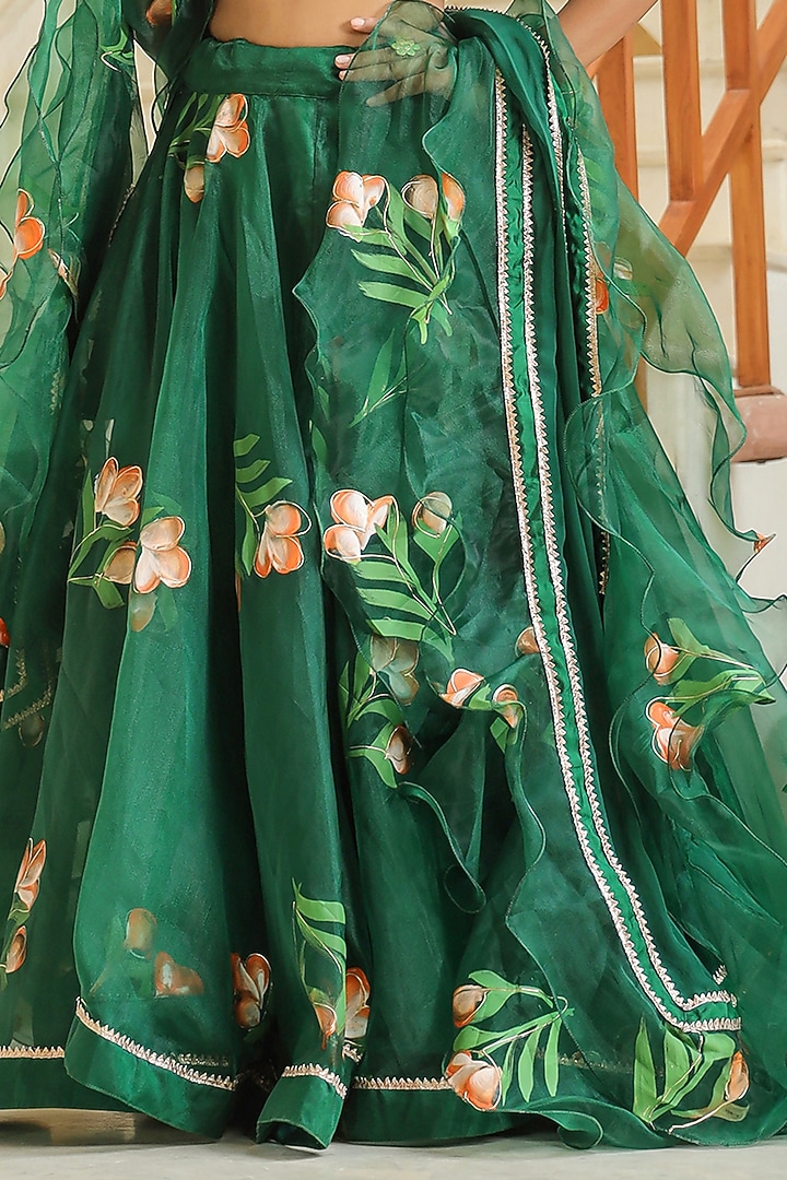 Green Organza Floral Hand Painted Lehenga Set by SAMAAYA JAIPUR at Pernia's Pop Up Shop