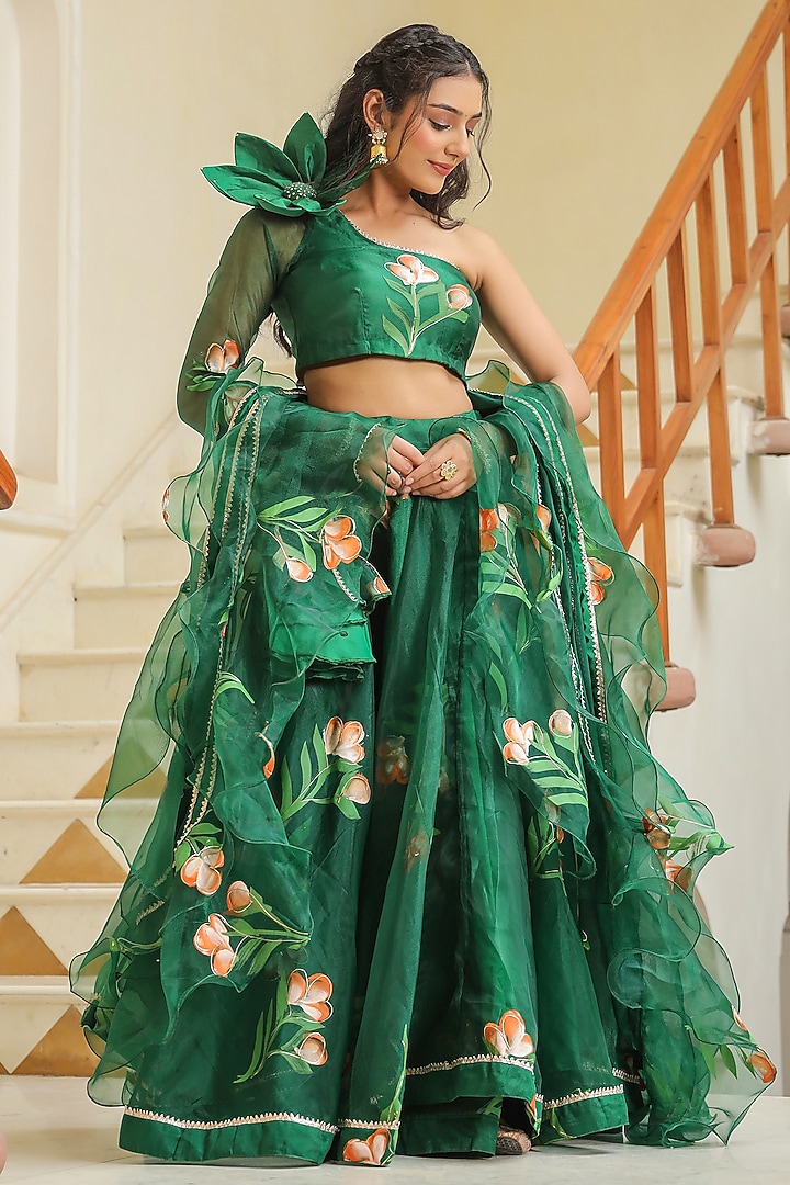 Green Organza Floral Hand Painted Lehenga Set by SAMAAYA JAIPUR at Pernia's Pop Up Shop