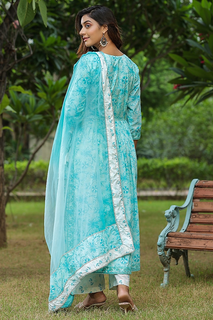 Sky Blue Cotton Hand Block Printed Anarkali Set by SAMAAYA JAIPUR at Pernia's Pop Up Shop