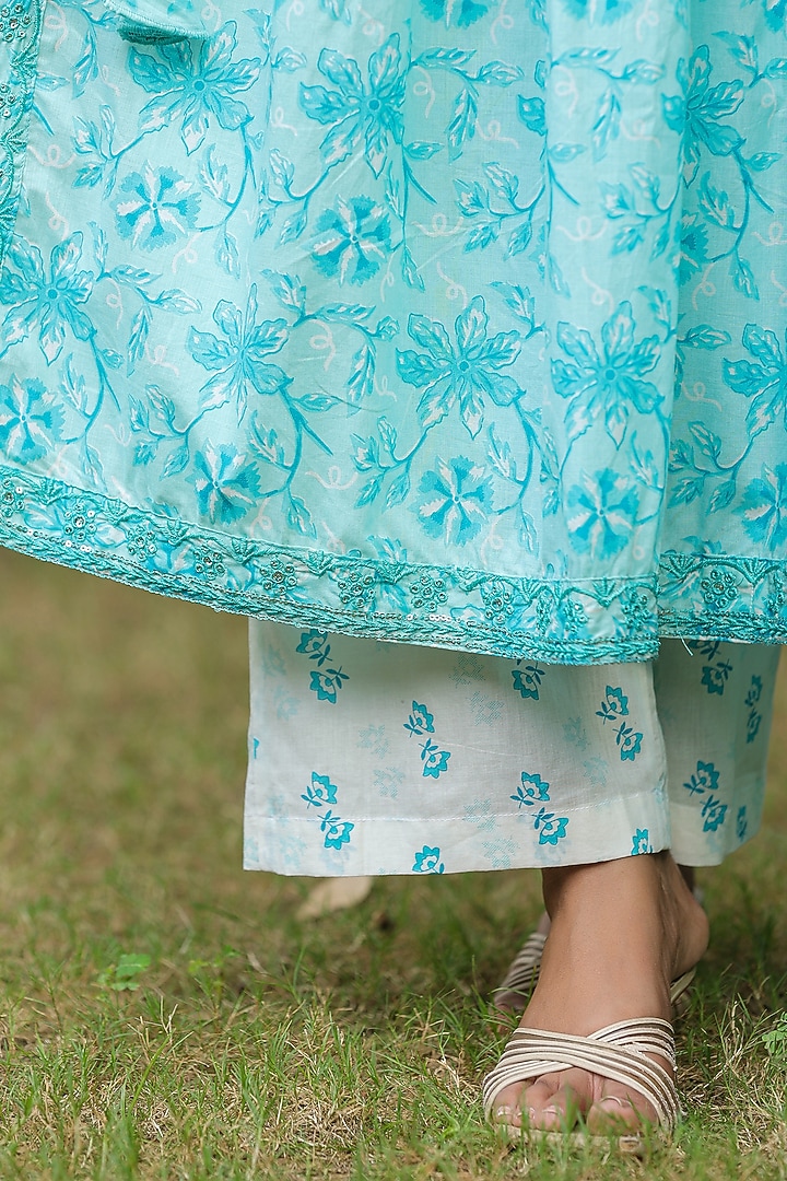Sky Blue Cotton Hand Block Printed Anarkali Set by SAMAAYA JAIPUR at Pernia's Pop Up Shop