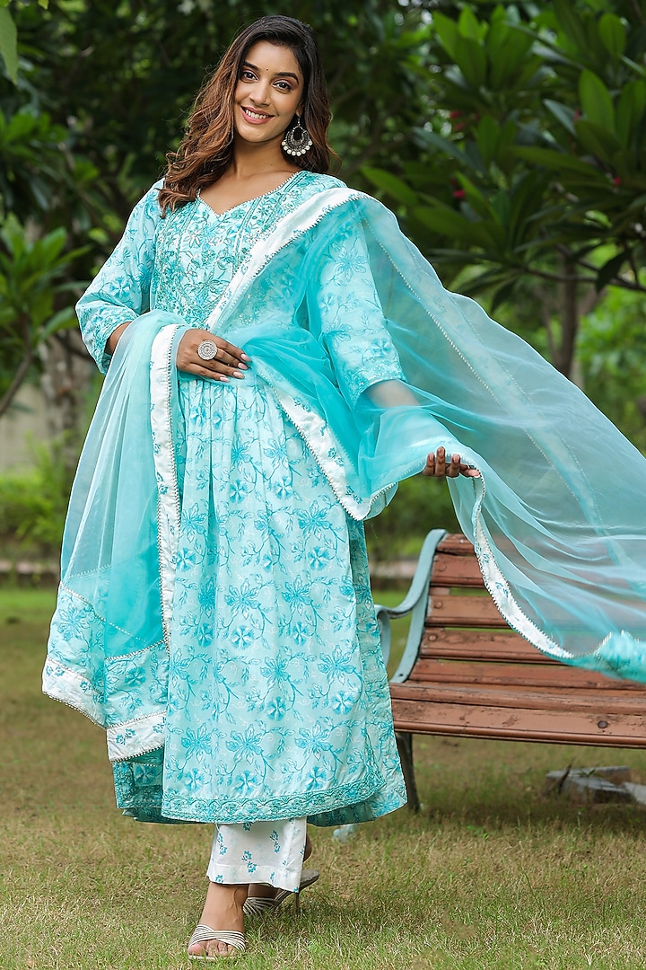 Sky Blue Cotton Hand Block Printed Anarkali Set by SAMAAYA JAIPUR at Pernia's Pop Up Shop