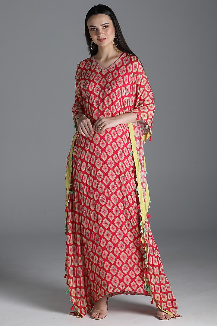 Rani Pink Printed Long Flawy Kaftan by Sajeda Lehry