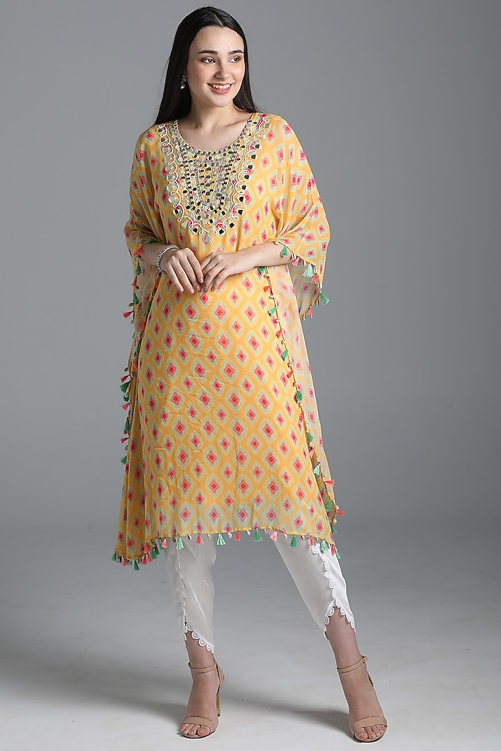 Dandelion Yellow Printed Flowy Kaftan Dress by Sajeda Lehry