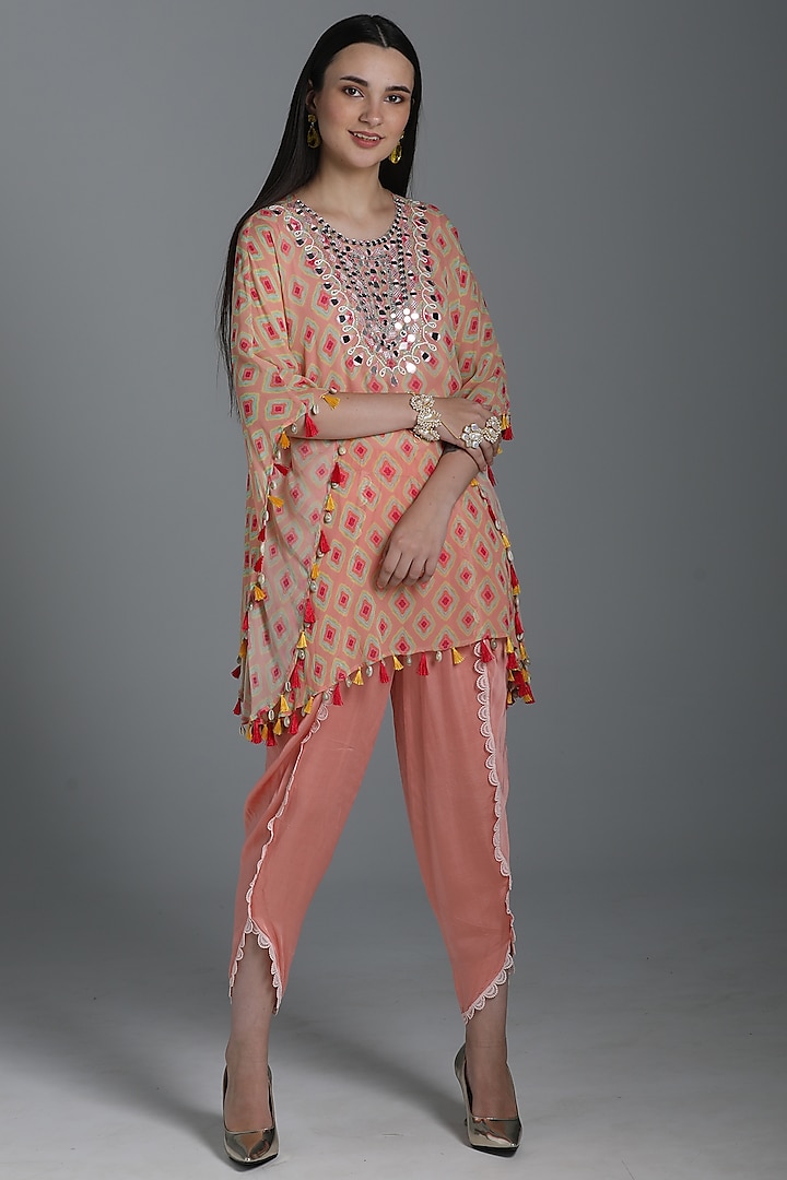 Rose Embroidered & Printed Flowy Kaftan Tunic Set by Sajeda Lehry