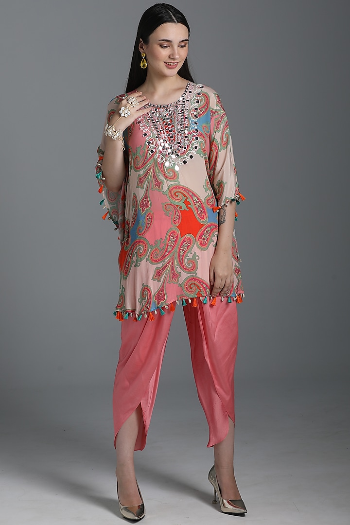 Multi-Colored Embroidered & Printed Flowy Kaftan Tunic Set by Sajeda Lehry