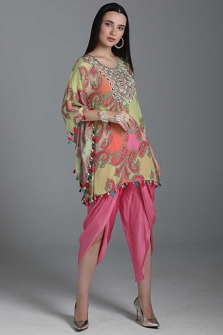 Lime Embroidered & Printed Flowy Kaftan Tunic Set by Sajeda Lehry