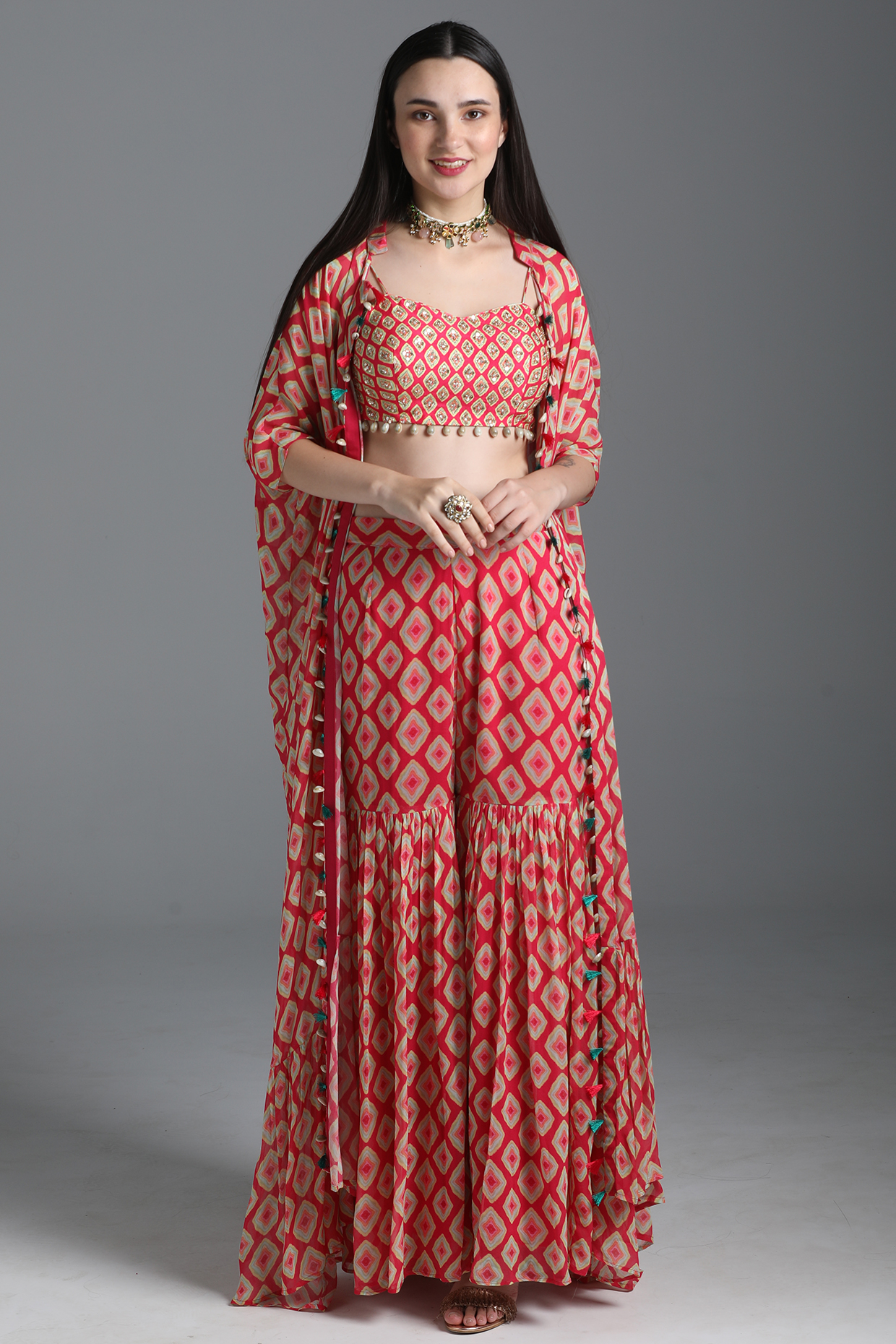 Rani Pink Embroidered & Printed Jacket Set by Sajeda Lehry