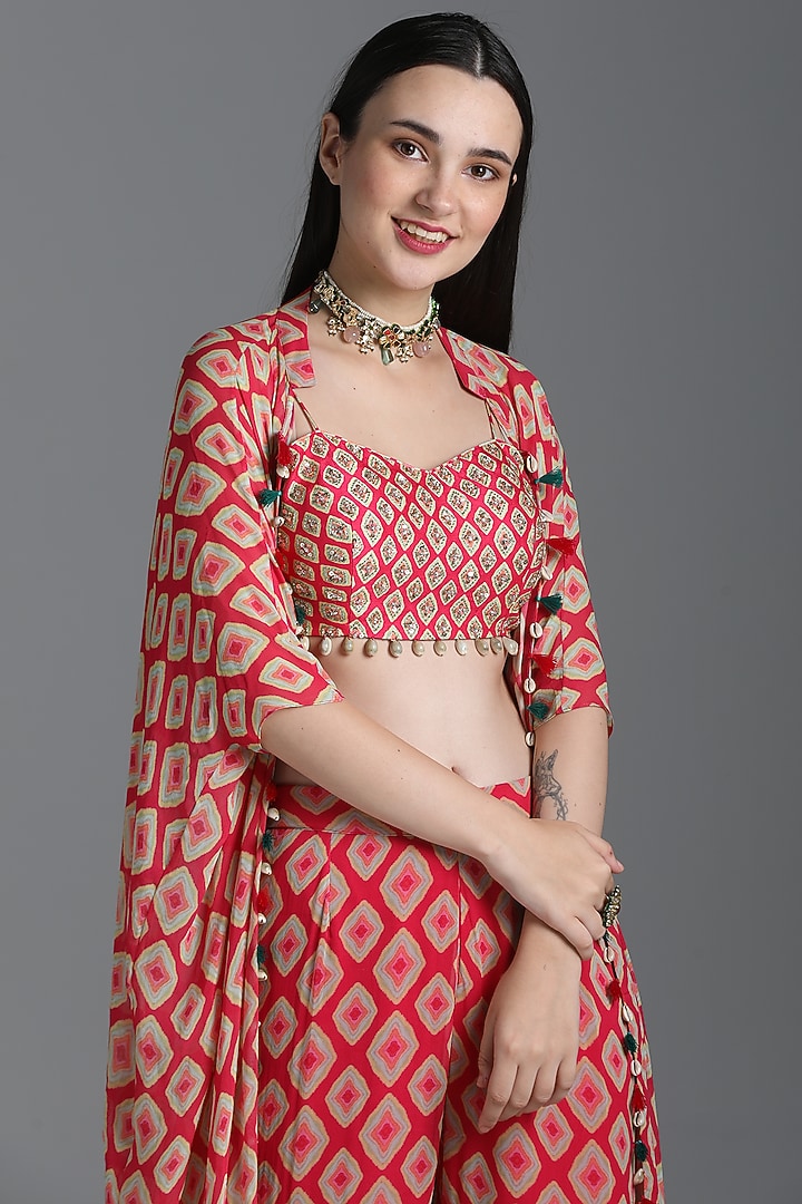Rani Pink Embroidered & Printed Jacket Set by Sajeda Lehry at Pernia's Pop Up Shop