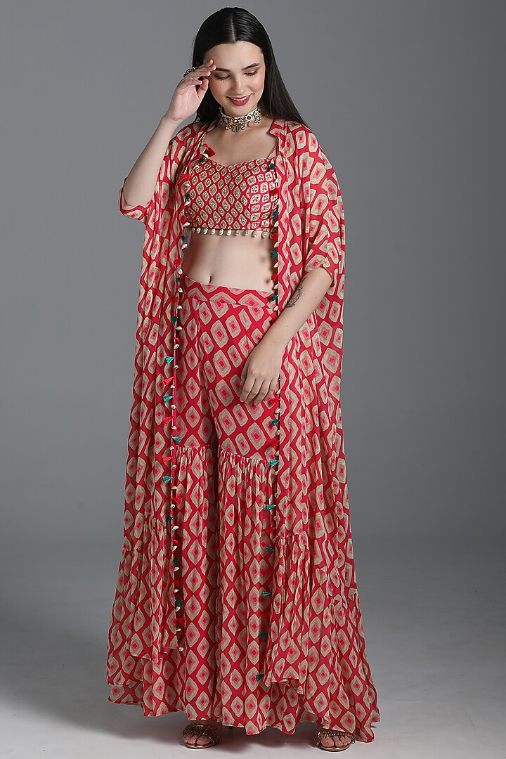 Rani Pink Embroidered & Printed Jacket Set by Sajeda Lehry at Pernia's Pop Up Shop
