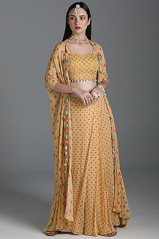 Dandelion Yellow Embroidered & Printed Jacket Set by Sajeda Lehry