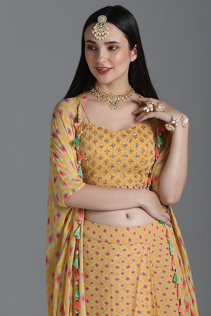 Dandelion Yellow Embroidered & Printed Jacket Set by Sajeda Lehry at Pernia's Pop Up Shop