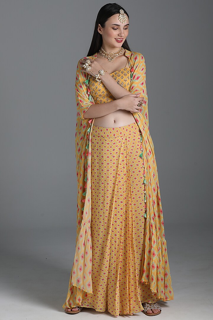 Dandelion Yellow Embroidered & Printed Jacket Set by Sajeda Lehry at Pernia's Pop Up Shop