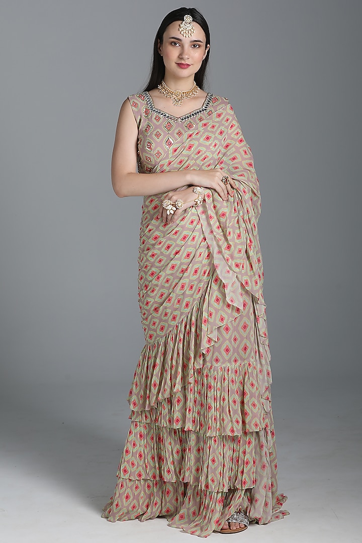 Lilac Printed Ruffled Saree Set by Sajeda Lehry