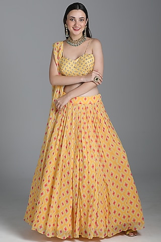 Dandelion Yellow Printed Lehenga Set by Sajeda Lehry