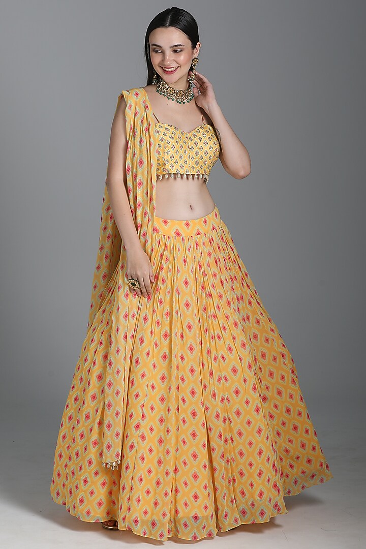 Dandelion Yellow Printed Wedding Lehenga Set by Sajeda Lehry at Pernia's Pop Up Shop
