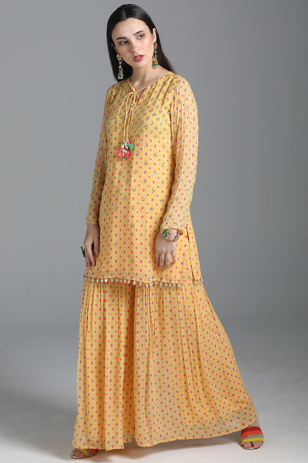 Dandelion Yellow Printed Sharara Set by Sajeda Lehry