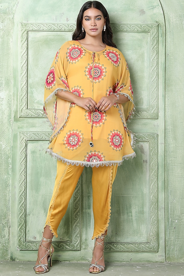 Yellow Embroidered Kaftan Set by Sajeda Lehry