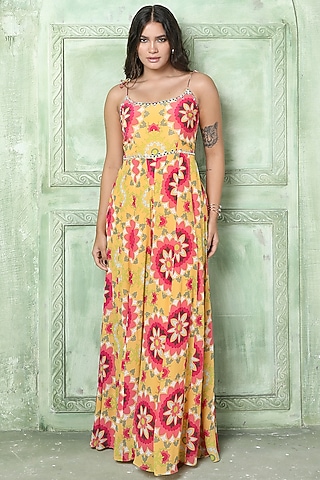 Yellow Printed Jumpsuit by Sajeda Lehry
