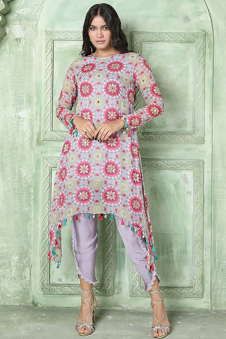 Lilac Embroidered Asymmetric Tunic Set by Sajeda Lehry