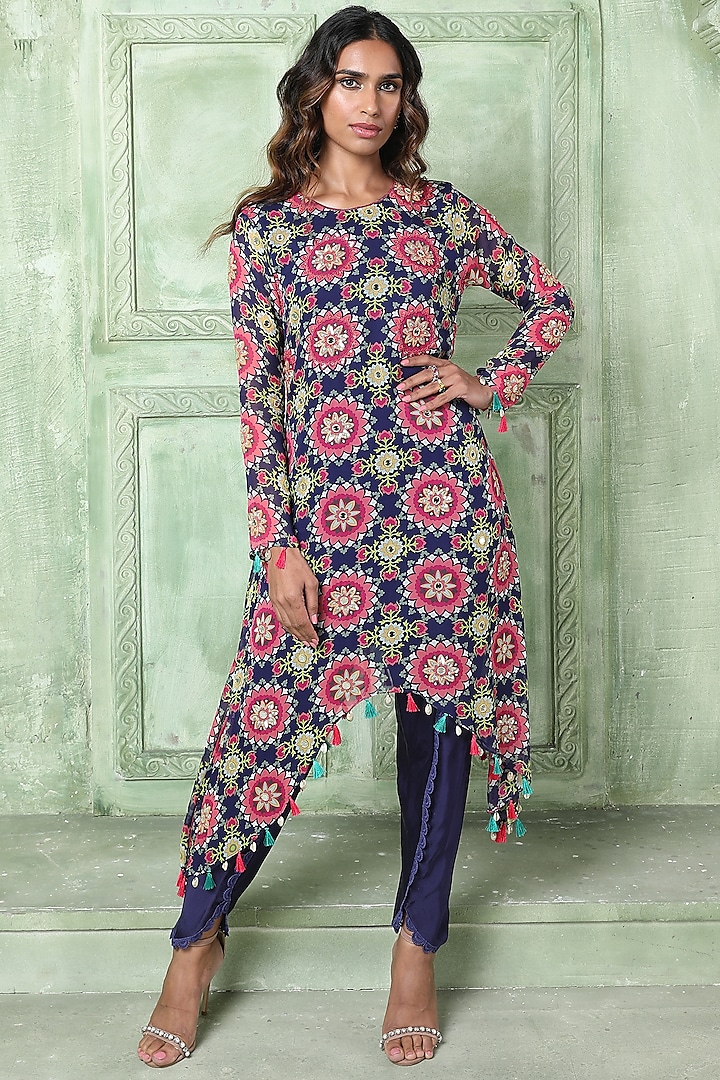 Blue Embroidered Asymmetric Tunic Set by Sajeda Lehry