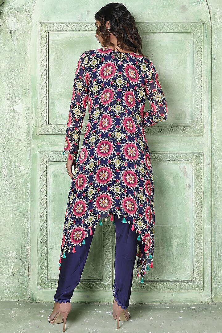 Blue Embroidered Asymmetric Tunic Set by Sajeda Lehry at Pernia's Pop Up Shop