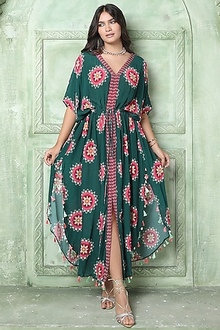 Green Silk Crepe Kaftan by Sajeda Lehry