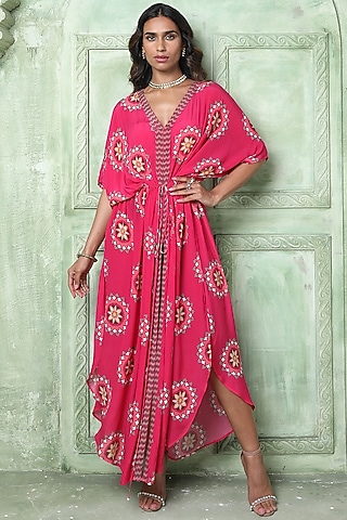 Pink Silk Crepe Kaftan by Sajeda Lehry