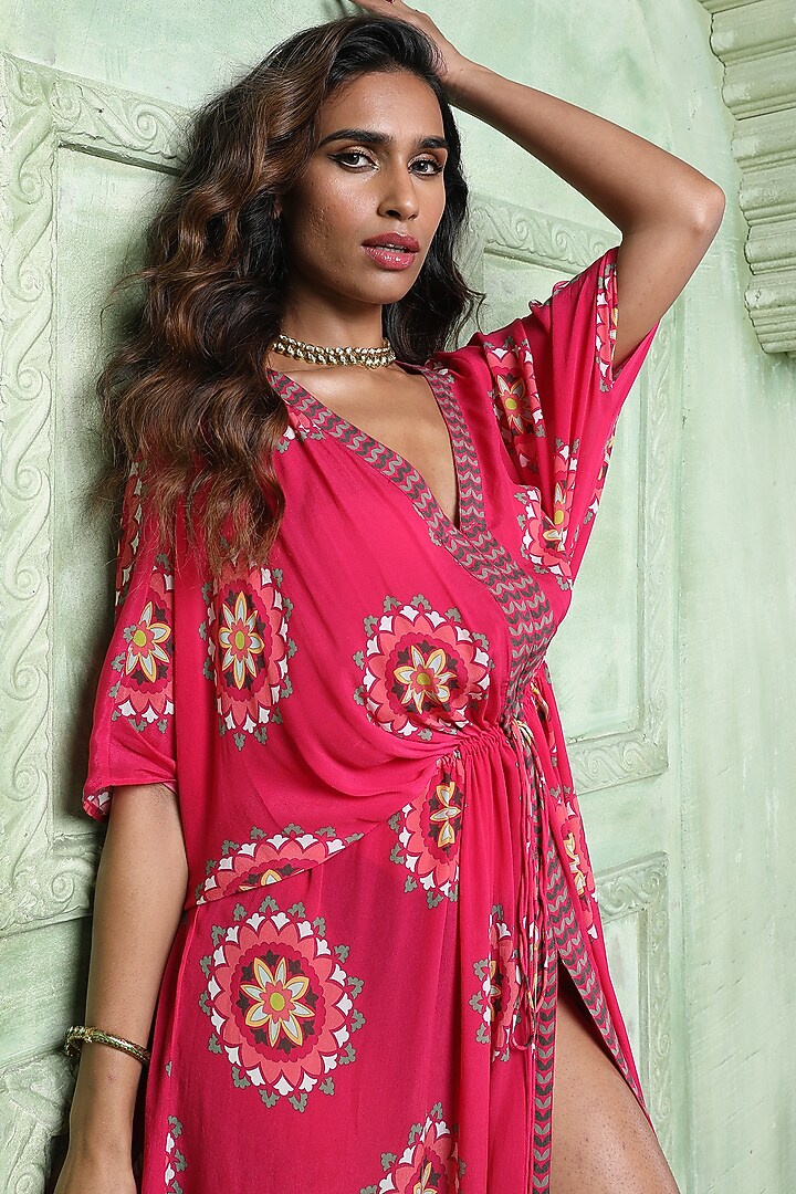 Pink Silk Crepe Kaftan by Sajeda Lehry at Pernia's Pop Up Shop
