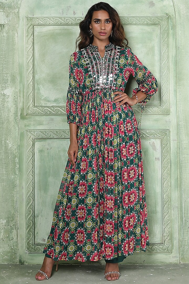 Green Silk Georgette Tunic Set by Sajeda Lehry