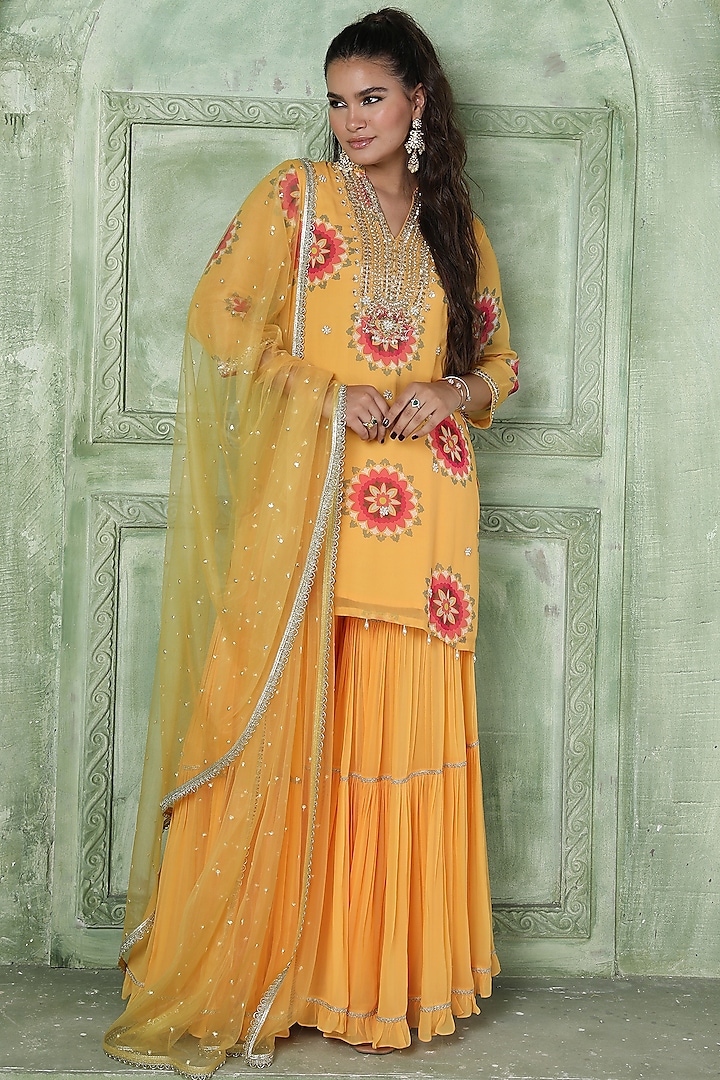 Yellow Silk Georgette Sharara Set by Sajeda Lehry