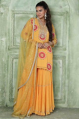 Yellow Silk Georgette Sharara Set by Sajeda Lehry