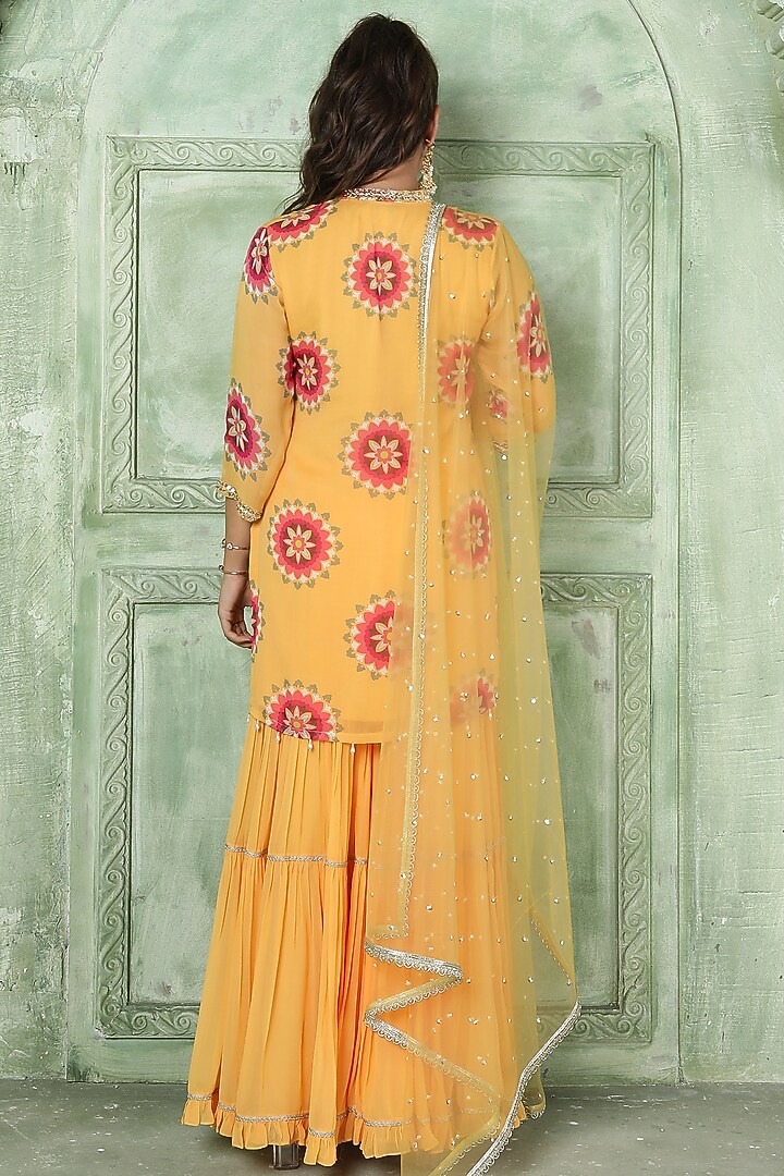 Yellow Silk Georgette Party Wear Sharara Set by Sajeda Lehry at Pernia's Pop Up Shop