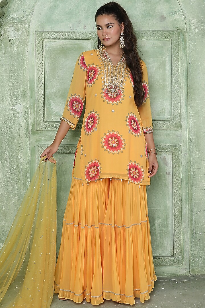 Yellow Silk Georgette Party Wear Sharara Set by Sajeda Lehry at Pernia's Pop Up Shop