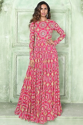 Pink Embroidered Anarkali Dress by Sajeda Lehry
