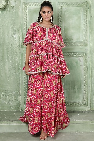 Pink Printed Sharara Set by Sajeda Lehry