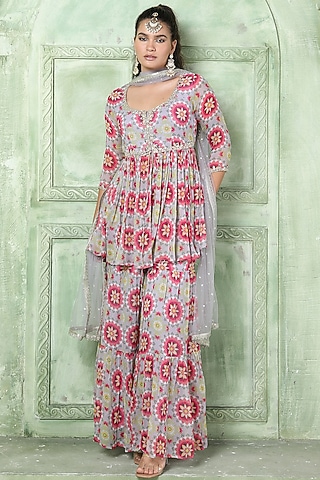 Lilac Silk Georgette Sharara Set by Sajeda Lehry