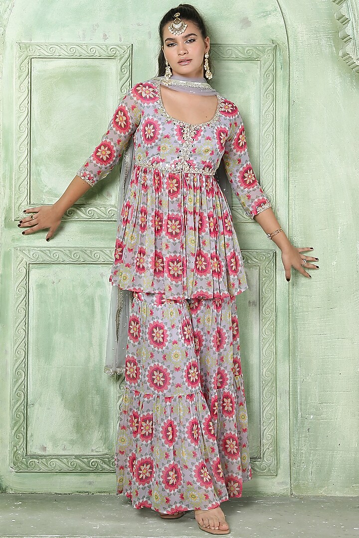 Lilac Silk Georgette Party Wear Sharara Set by Sajeda Lehry at Pernia's Pop Up Shop