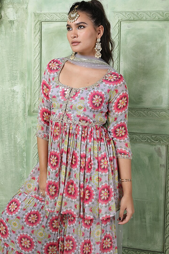 Lilac Silk Georgette Party Wear Sharara Set by Sajeda Lehry at Pernia's Pop Up Shop