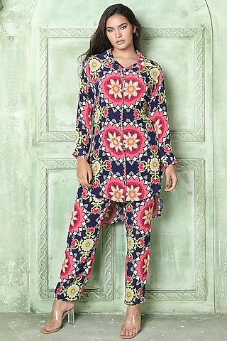 Blue Printed Pant Set by Sajeda Lehry