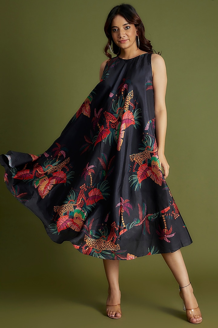 Black Dola Silk Printed Dress by SANJANA REDDY