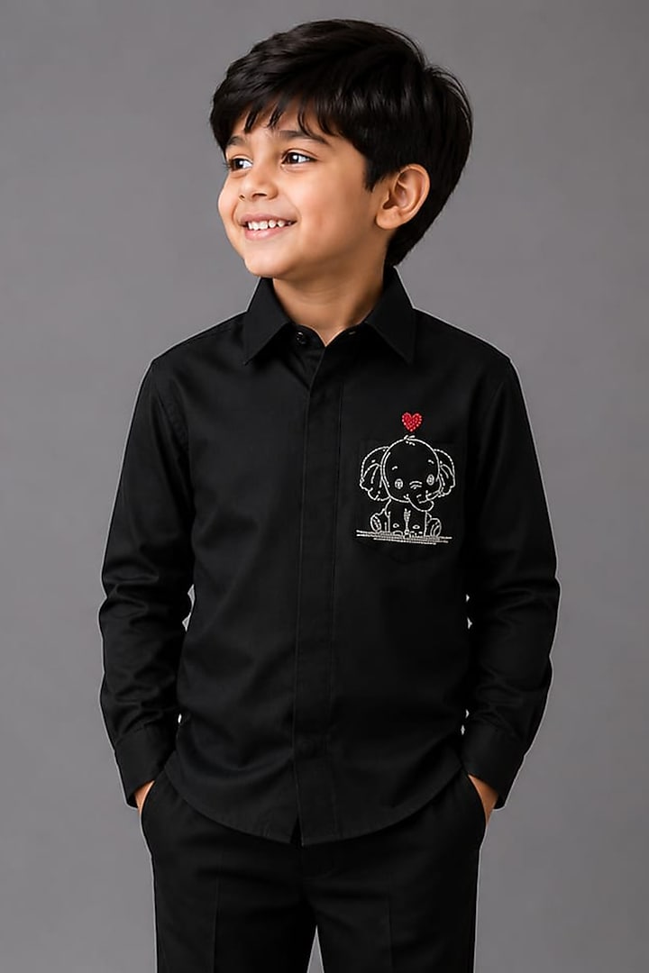 Black Lycra Cotton Hand Embroidered Shirt For Boys by Sanjana Reddy Kids at Pernia's Pop Up Shop